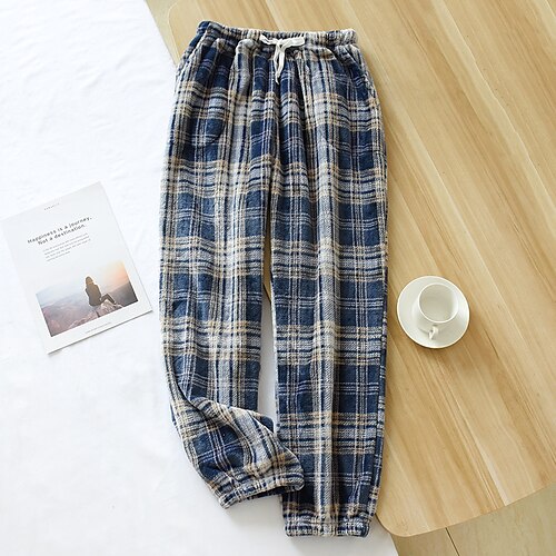 

Men's Loungewear Flannel Pajama Pants Lounge Pants Grid / Plaid Simple Plush Home Daily Flannel Warm Breathable Long Pant Pant Elastic Waist Winter Green Blue