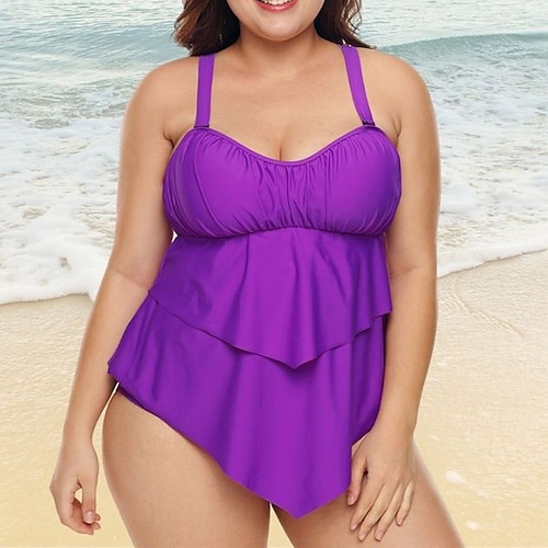 

Women's Swimwear Tankini 2 Piece Plus Size Swimsuit Open Back Basic for Big Busts Solid Color Blue Purple Camisole Strap Bathing Suits New Vacation Fashion / Sexy / Modern / Padded Bras