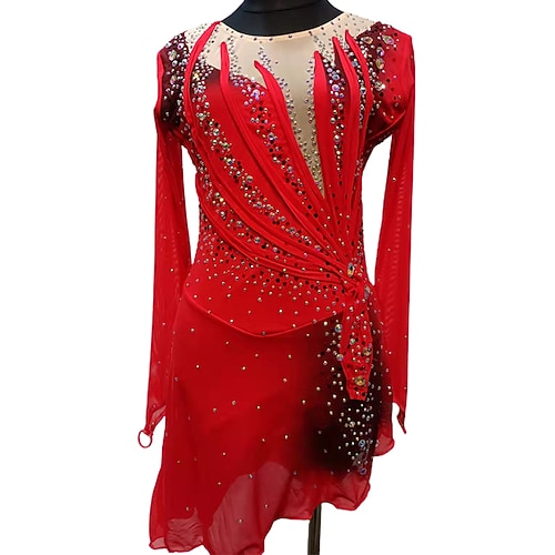 

Figure Skating Dress Women's Girls' Ice Skating Dress Outfits Red Open Back Mesh Spandex High Elasticity Training Competition Skating Wear Handmade Crystal / Rhinestone Long Sleeve Ice Skating Figure