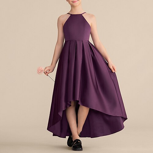 

A-Line Asymmetrical Halter Neck Satin Junior Bridesmaid Dresses&Gowns With Pleats Wedding Party Dresses 4-16 Year