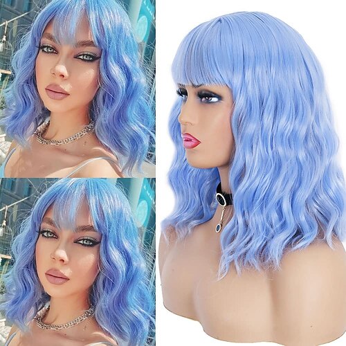 

parrucche blu per le donne parrucca azzurra parrucca corta capelli ricci parrucca blu da donna con frangia lunghezza spalla parrucca sintetica cosplay parrucca colorata adatta per ragazze di sesso