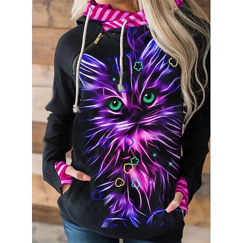 

Women's Hoodie Sweatshirt Pullover Active Streetwear 3D Front Pocket Print Green Black Blue Skull Cat 3D Casual Hooded Long Sleeve S M L XL XXL / 3D Print