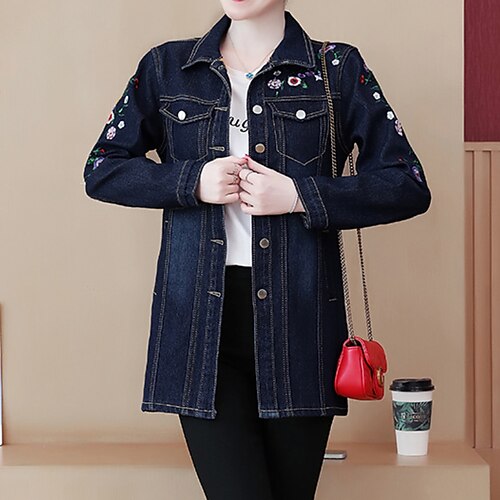 

Women's Denim Jacket Outdoor Daily Going out Fall Winter Regular Coat Regular Fit Breathable Cute Elegant Jacket Long Sleeve Floral Print Blue