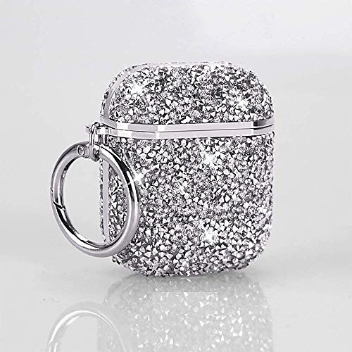 

Crystal Protective AirPod Case has Drop Proof Protection, Wireless Charging, Bling, Glitter, and a Keychain with a Cute Twist; Compatible with Apple AirPods Case 1 & 2 (Silver)