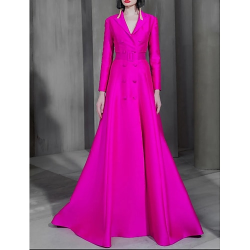 

A-Line Celebrity Style Elegant Wedding Guest Formal Evening Dress Shirt Collar Long Sleeve Court Train Satin with Sash / Ribbon Buttons 2022