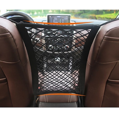 

2-Layer Car Mesh Organizer Seat Back Net Bag Barrier of Backseat Pet Cargo Tissue Purse Holder Driver Storage Netting Pouch Upgrade Stretch Length Two Sides Have Spring Car Interior Accessories 1PCS