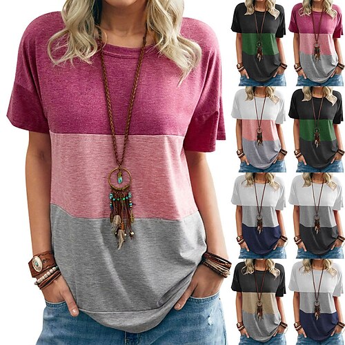 

women's contrast color color matching t-shirt pocket round neck short-sleeved loose top