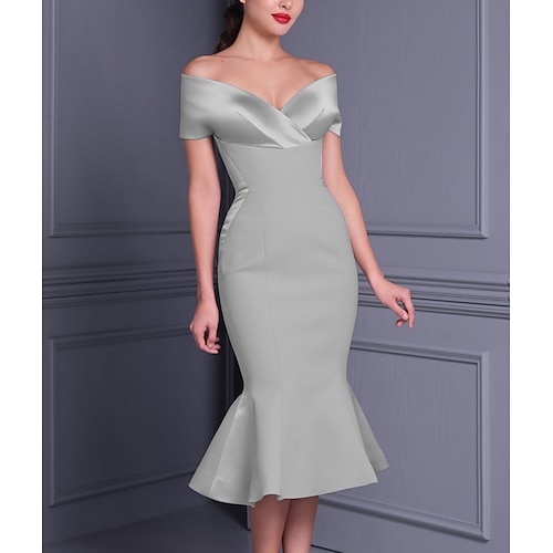 

Mermaid / Trumpet Elegant bodycon Graduation Cocktail Party Birthday Dress Off Shoulder Short Sleeve Tea Length Charmeuse with Sleek 2022