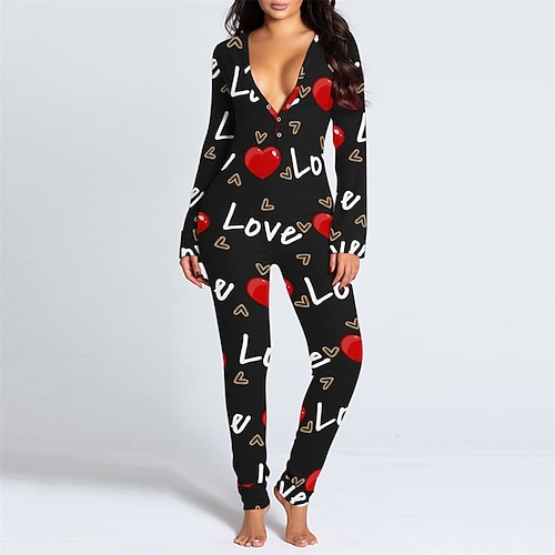 

Women's Pajamas Onesies Jumpsuits Nighty 1 PCS Heart Stripe Simple Gothic Fashion Home Daily Bed Polyester Gift V Wire Long Sleeve Button Print Fall Spring Green White / Buckle / Sweet / Letter