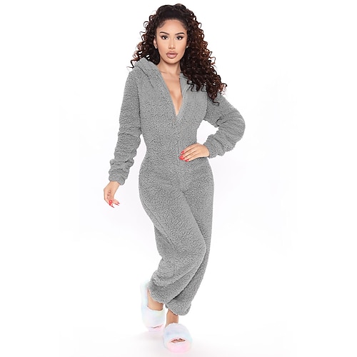 

Women's Flannel Adult Onesies Onesie Pajamass Pajama for Adult Jumpsuits Nighty Pure Color Simple Comfort Party Home Christmas Warm Gift Hoodie Long Sleeve Fall Winter Black