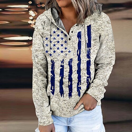 

Women's Hoodie Sweatshirt Pullover American US Flag Active Streetwear Drawstring Front Pocket Print Gray Daily Sports Hooded Long Sleeve Without Lining Micro-elastic Fall Winter