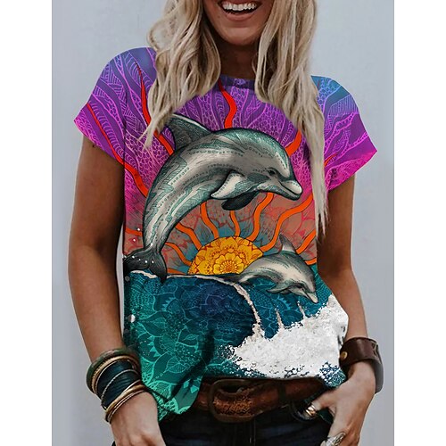 

tops t-shirt for women, jump dolphin animals 3d print loose pullover crew neck short sleeve blouse shirt tee