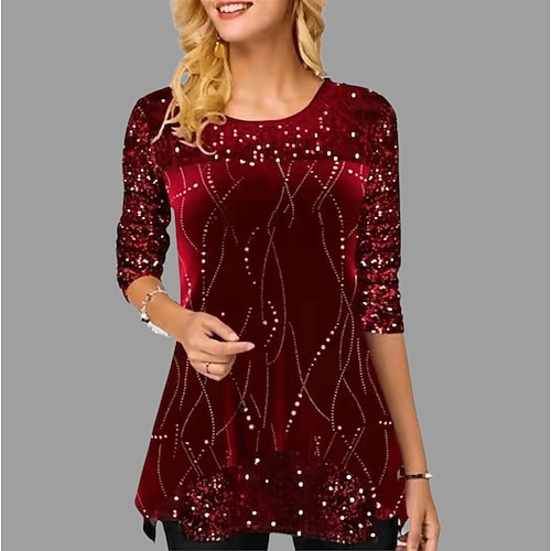 

Women's Shirt Green Khaki Red Graphic Sequins Print Long Sleeve Christmas Casual Streetwear Ethnic Christmas Round Neck Long S