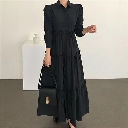 

Women's A Line Dress Maxi long Dress Black Wine Khaki Long Sleeve Pure Color Ruched Ruffle Button Spring Summer Shirt Collar Work Elegant 2022 S M L XL XXL