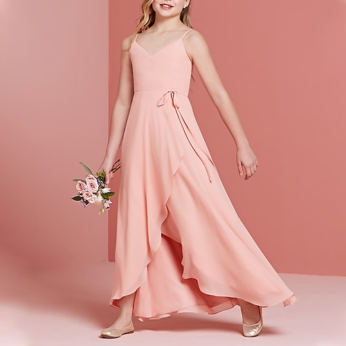 

A-Line Floor Length V Neck Chiffon Junior Bridesmaid Dresses&Gowns With Sash / Ribbon Wedding Party Dresses 4-16 Year