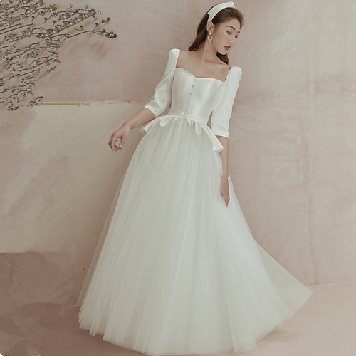 

A-Line Wedding Dresses Square Neck Floor Length Satin Tulle 3/4 Length Sleeve Simple Vintage with Pleats Ruffles 2022