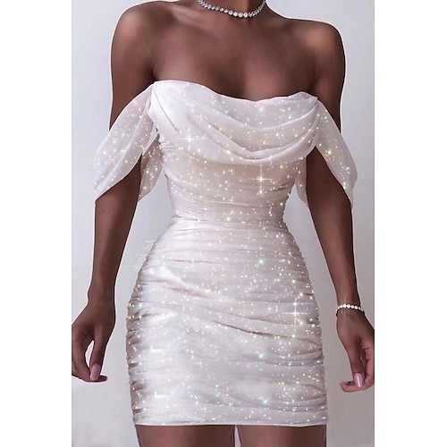 Women‘s Party Dress Sheath Dress Mini Dress White Sleeveless Pure Color Ruched Winter Fall Spring Off Shoulder Hot Party Winter Dress Birthday Slim 2023 S M L XL