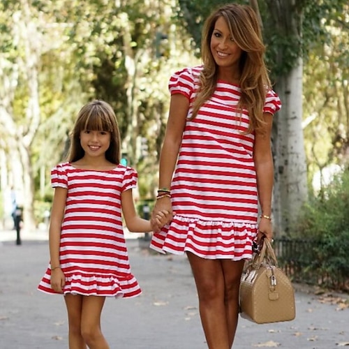 

Mommy and Me Dresses Striped Graphic Sports & Outdoor Ruched Red Short Sleeve Above Knee T Shirt Dress Tee Dress Active Matching Outfits / Spring / Summer / Casual