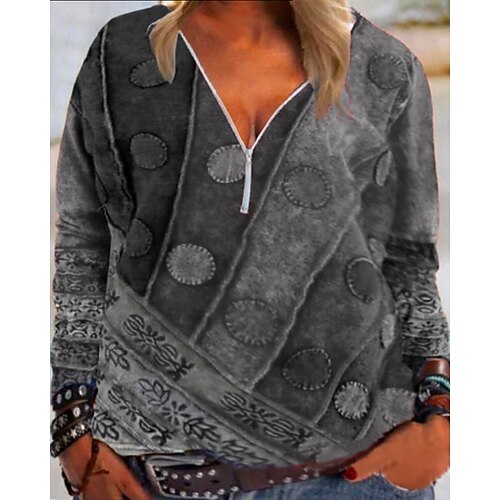 

Women's Plus Size Tops T shirt Tee Multi Color Zipper Long Sleeve V Neck Ethnic Casual Hoodie Causal Polyester Fall Winter Blue Gray