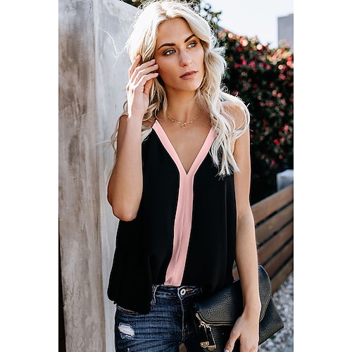 

Women's Camisole Tank Top Shirt Pink Khaki Royal Blue Color Block Patchwork Sleeveless Holiday Weekend Basic Streetwear V Neck Regular S
