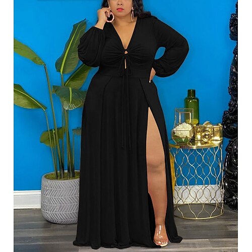 

Women's Plus Size Holiday Dress Solid Color V Neck Long Sleeve Winter Fall Stylish Casual Sexy Maxi long Dress Holiday Date Dress / Black Dress