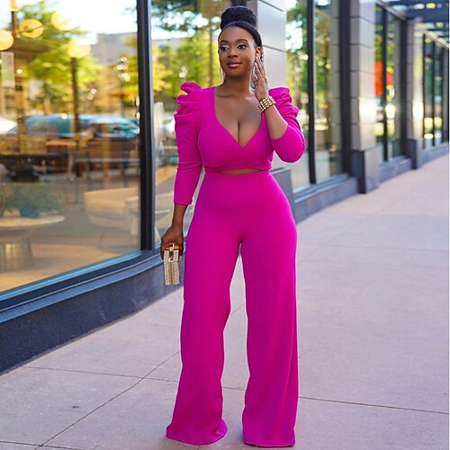 

Women's Crop Top Pants Sets Streetwear Sexy Blue Fuchsia Casual Vacation Solid Color V Neck S M L XL XXL