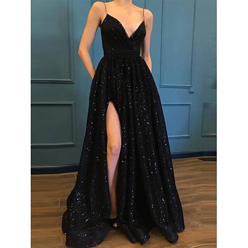 

A-Line Prom Dresses Glittering Dress Party Wear Floor Length Sleeveless V Neck Sequined with Slit 2022 / Little Black Dress / Sparkle & Shine