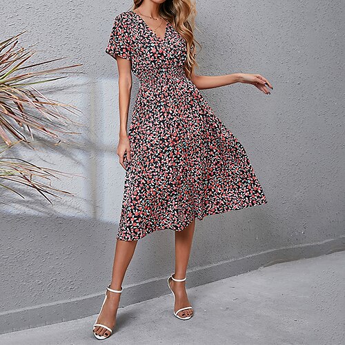 

Mujer Vestido de Columpio Vestido Midi Rojo Manga Corta Floral Estampado Primavera Verano Escote en Pico Fin de semana S M L XL