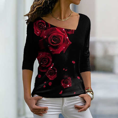 

Women's T shirt Tee Red Blue Purple Graphic Floral Print Long Sleeve Casual Daily Basic Valentine's Day V Neck Regular Floral Valentine's Day Painting Plus Size S