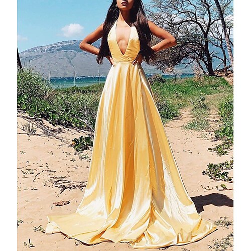 

A-Line Prom Dresses Minimalist Dress Prom Court Train Sleeveless V Neck Charmeuse with Sleek Pure Color 2022 / Formal Evening