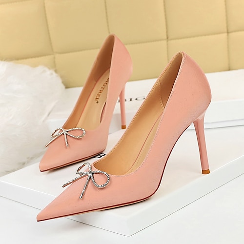 

Women's Heels Club Sexy Shoes Rhinestone Bowknot Stiletto Heel Pointed Toe Sexy Sweet PU Leather Loafer Solid Colored Black Rosy Pink Khaki
