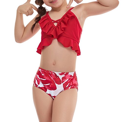 

Kids Girls' Two Piece Swimwear Outdoor Print Active Ruched Bathing Suits 3-10 Years Spring Green Red