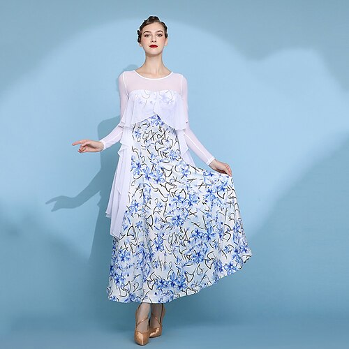 

Ballroom Dance Dress Printing Ruffles Splicing Women's Training Performance Long Sleeve Mesh Chiffon Milk Fiber