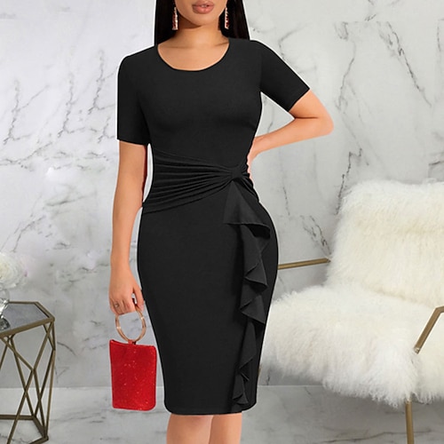 

Women's Bodycon Sheath Dress Midi Dress Black Blue Wine Short Sleeve Pure Color Ruched Spring Summer Crew Neck Weekend 2022 S M L XL XXL