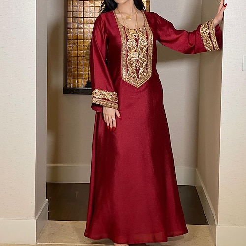 

Mulheres Vestido Kaftan Vestido Longo Vestido Maxi Vermelho Manga Longa Cor imaculada Paetês Inverno Outono Decote U muçulmano Roupa de inverno Vestido de outono 2022 S M L XL XXL