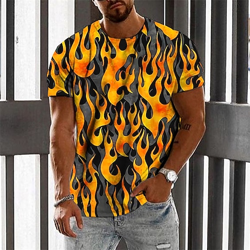 

Men's Unisex T shirt Tee Graphic Prints Flame Crew Neck Yellow 3D Print Daily Holiday Short Sleeve Print Clothing Apparel Designer Casual Big and Tall / Summer / Summer