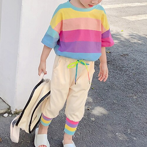 

2 Pieces Kids Girls' T-shirt & Pants PantsSet T-shirtSet Outfit Color Block Short Sleeve Drawstring Cotton Set Outdoor Cute Sweet Fall Spring 2-6 Years Rainbow