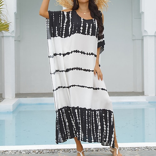 

Women's Swimwear Cover Up Beach Dress Normal Swimsuit UV Protection Printing Striped Black Blue Gray Pink Orange Scoop Neck Bathing Suits New Casual Vacation / Modern