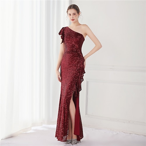 

Mermaid / Trumpet Elegant Sexy Wedding Guest Formal Evening Dress One Shoulder V Back Sleeveless Floor Length Sequined with Sequin Slit 2022