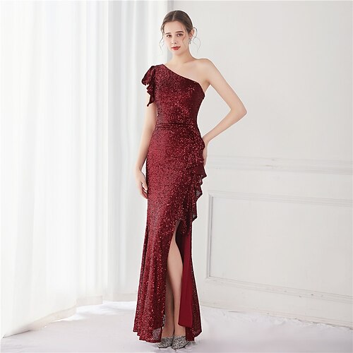 

Mermaid / Trumpet Elegant Sexy Wedding Guest Formal Evening Dress One Shoulder V Back Sleeveless Floor Length Sequined with Sequin Slit 2022