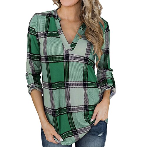 

Women's Plaid Shirts for Roll-Up 3/4 Sleeve Plaid Shirt Tunic V Neck Pullover Blouses Trendy Basic Fit T-shirts