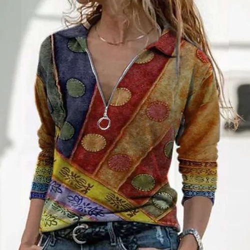 

Women's Blouse Shirt Blue Purple Yellow Graphic Geometric Zipper Long Sleeve Casual Daily Basic Boho Ethnic Shirt Collar Regular Boho Geometric S