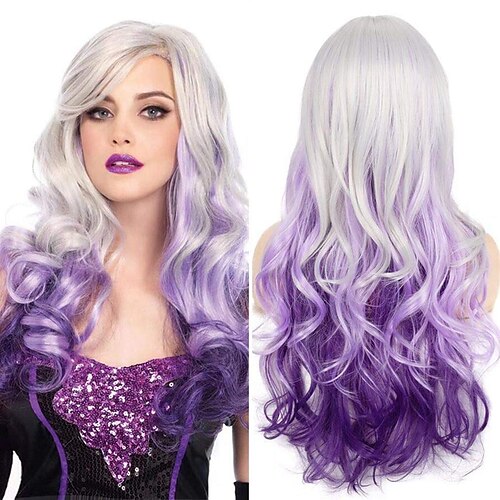 

Purple Wigs For Women Purple Wigs Long Curly Wavy Silver To Purple Cosplay Hair Wig For Women Side Part Synthetic Heat Resistant Halloween Party Wig ChristmasPartyWigs