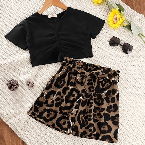 

2 pezzi Bambino Da ragazza T-shirt e Gonna T-shirt Gonne Vestito Leopardo Manica corta Increspato Cotone Impostare Esterno stile sveglio Dolce Primavera Estate 5-12 anni Nero Rosso