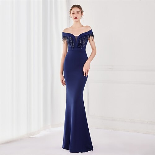 

Mermaid / Trumpet Elegant Sexy Wedding Guest Formal Evening Dress Off Shoulder V Back Short Sleeve Floor Length Satin with Tassel 2022