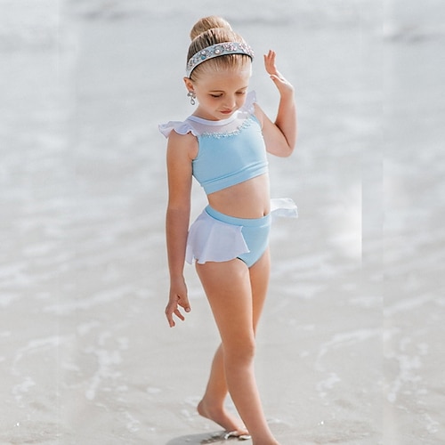 

Kids Girls' Two Piece Swimwear Outdoor Solid Colored Active Ruffle Bathing Suits 2-9 Years Spring Light Blue