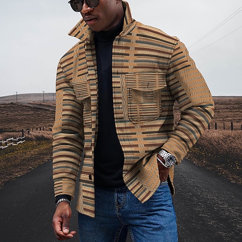 

Men's Jacket Breathable Outdoor Single Breasted Striped 3D Printed Graphic Turndown Streetwear Jacket Outerwear Long Sleeve Pocket Spring