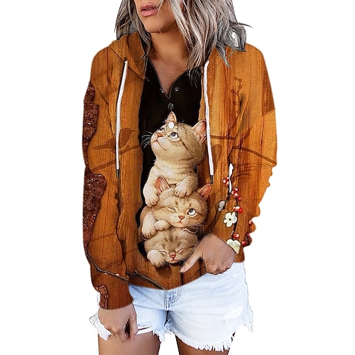 

Women's Hoodie Sweatshirt Pullover Active Streetwear Front Pocket Print Orange Floral Cat 3D Casual Hooded Long Sleeve