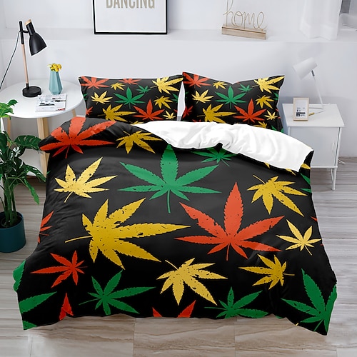 

Juego de ropa de cama con funda nórdica de hoja de arce en 3D, funda de edredón con 1 funda nórdica o cobertor, 1 sábana, 2 fundas de almohada para cama doble/reina/rey (1 funda de almohada para cama