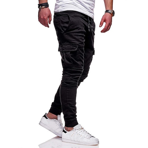 Trendy Plain Black Cargo Pants, Men's Multi Flap Pocket Trousers
